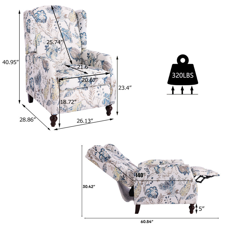 Breandra Upholstered Recliner, Blue/Cream 100% Polyester