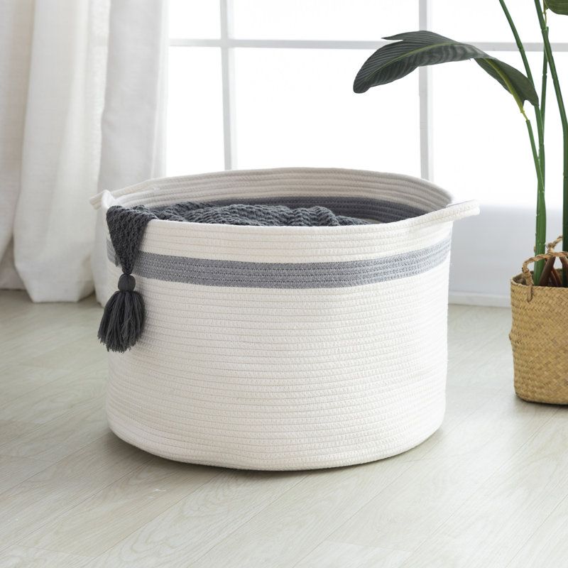 Fabric Laundry Hamper with Handles, White/Grey
