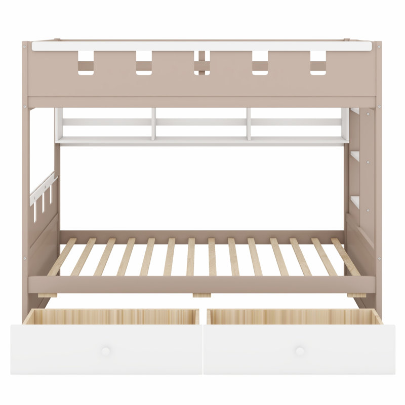 Lit superposé de style château pour enfants avec tablette intégrée, 2 tiroirs et éclairage DEL, Lit simple, Blanc