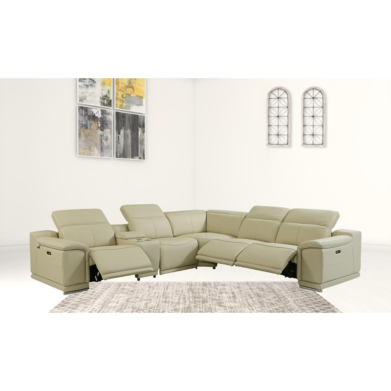 Canapé modulaire en forme de U inclinable électrique en cuir italien avec console, Cuir fleur beige