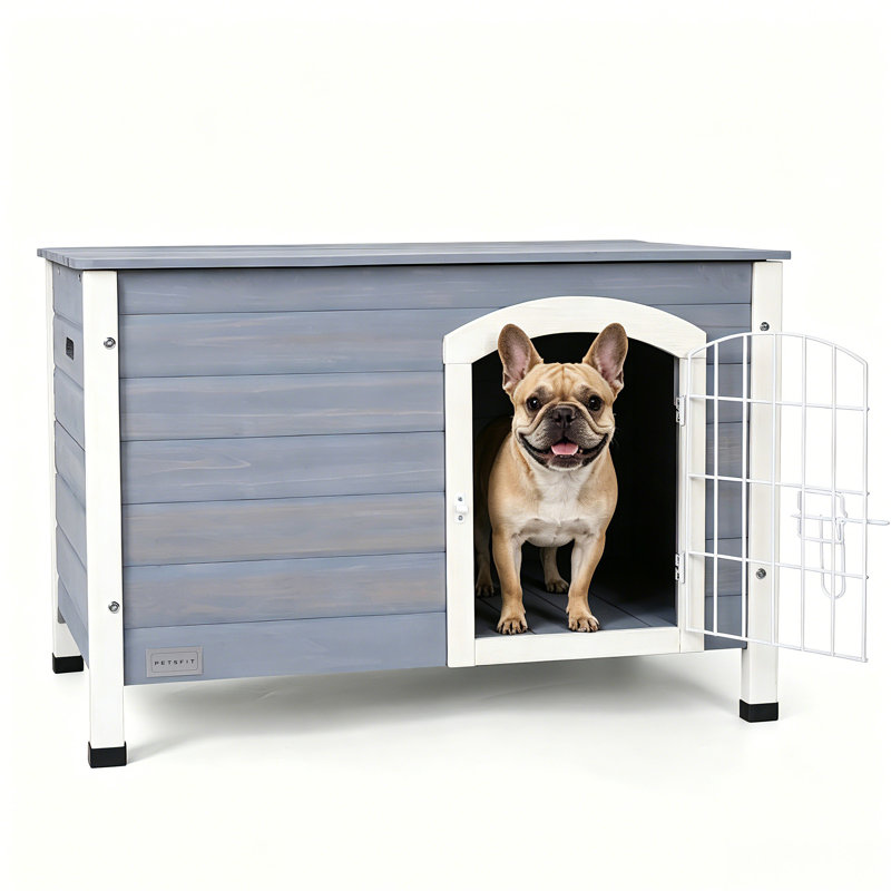 Dog House Indoor with Elevated Floor&Anti-Slip Bottom, Wooden Dog House with Lockable Iron Door, Grey