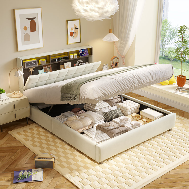 Ottoman Storage Bed Frame with Charging Station & Headboard Storage, Hydraulic Lift-Up Base, EuropeanDouble (140 x 200 cm)