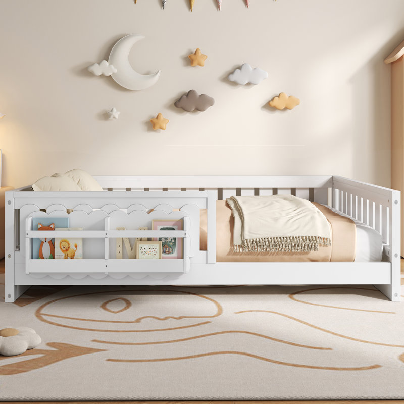Lit plateforme en bois pleine grandeur avec garde-corps et tablettes de rangement, blanc, Lit double, Blanc