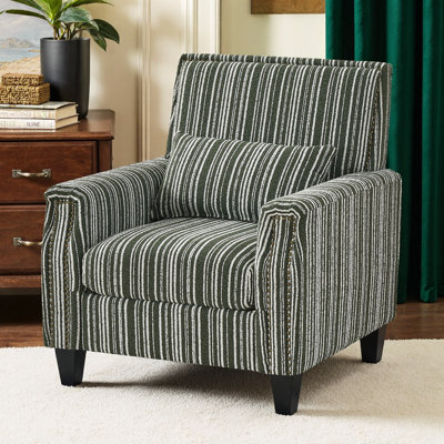 Modern Accent Chair with Arms – Green & White Striped Upholstered Armchair with Nailhead Trim – Comfy High-Density Foam, Solid Pine Wood Frame – for Living Room, Bedroom, Apartment, Office – Classic Vintage Style