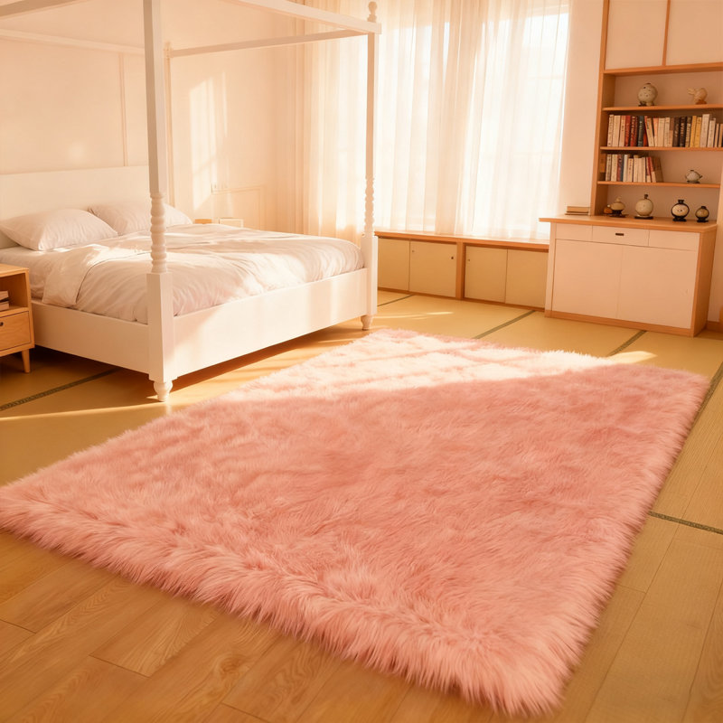 Lush Silky Pink Faux Sheepskin Living Room Rug, Rectangle 5' x 8'