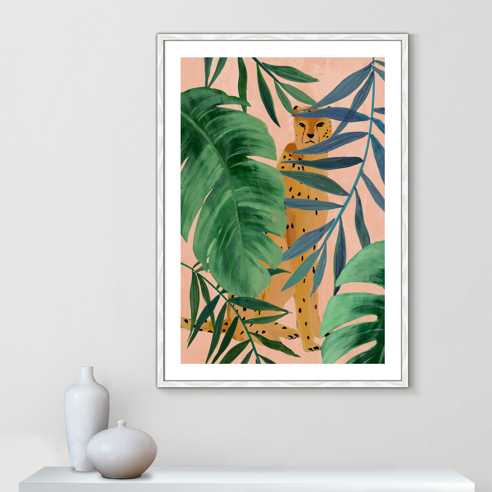 Silent Jungle - Painting Print, White Wood Framed Paper, 41.5" H x 29.5" W x 0.75" D