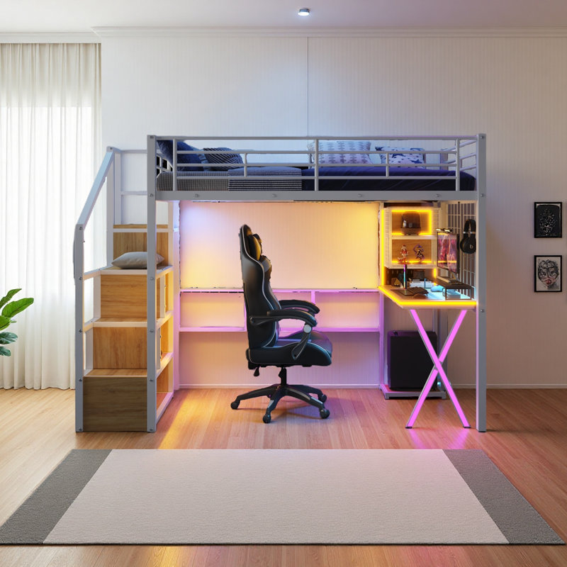 Lit mezzanine en métal avec poste de travail intégré, garde-robe, escalier de rangement et DEL, Lit simple