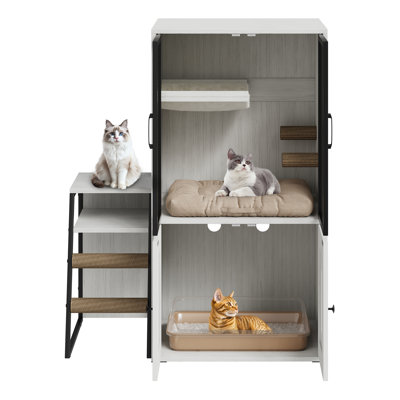 Meuble de toilette pour chat moderne pour chat – Rangement dissimulé, échelle, hamac, porte grillagée en métal – Meuble de toilette pour chat résistant aux chiens – Blanc