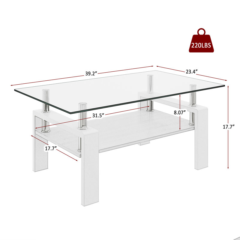 Table basse avec plateau en verre et bois, Blanc, Transparent, 17.7" H x 39.37" L x 23.62" W