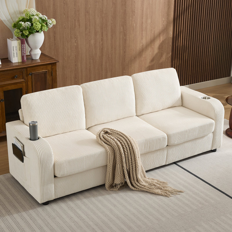 Canapé 3 places avec housse amovible, porte-gobelets et poches de rangement, Beige