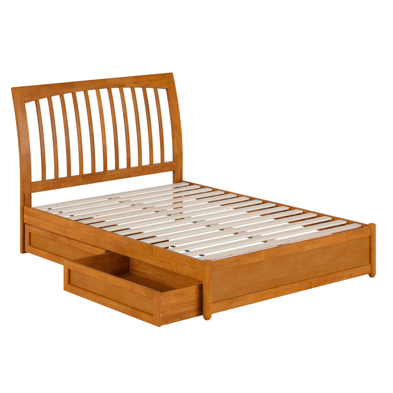 Lit plateforme Imarion avec pied de lit à panneau et tiroirs de rangement, Caramel clair, Double