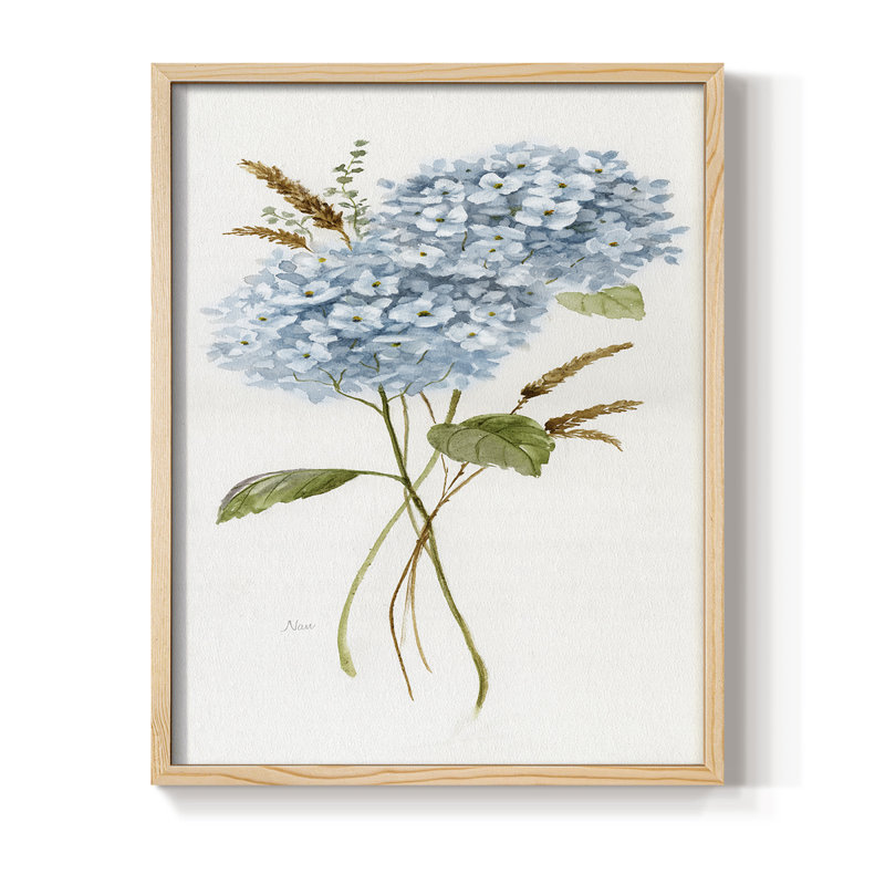Petite hydrangée bleue I, reproduction encadrée - bois massif, H 11 po x l 9 po