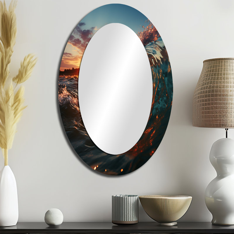 Sunshine Through The Breaking Waves - Red Coastal Oval Wall Mirror, 36" x 24"
