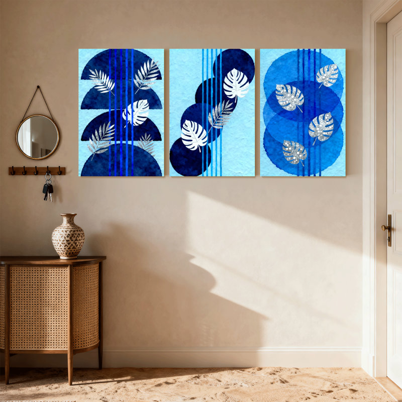 Ensemble de 3 reproductions d'art contemporain sur toile abstraites bleues, H 18 po x l 36 po