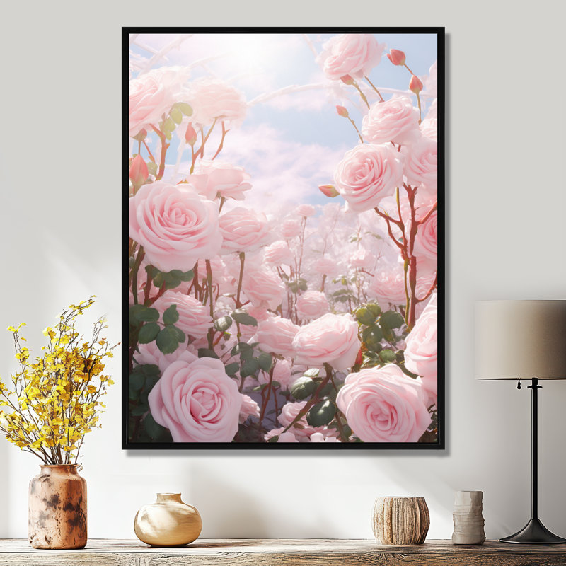 «Pink Roses Vibrant Blue Sunny Sky II - Roses», reproduction d'art, Toile avec cadre flottant noir