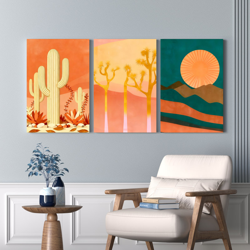 Ensemble de 3 tableaux sur toile représentant un paysage de cactus du désert