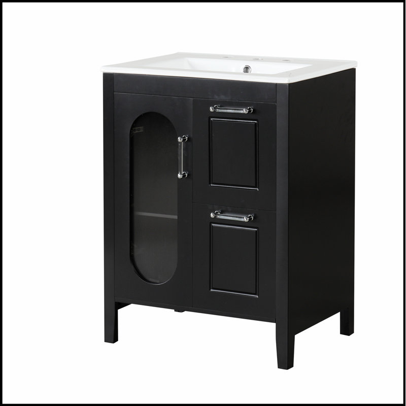 Meuble-lavabo moderne de 24 pouces avec lavabo, deux tiroirs, tablette réglable et fabrication en bois massif durable