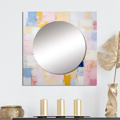 Timeless Moments en rose pastel, jaune et bleu - Miroir carré abstrait mural pour chambre à coucher
