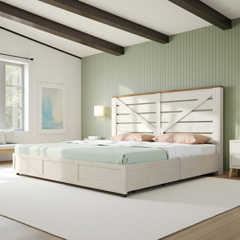Oceant Farmhouse King Size Bed Frame with 4 Drawers, White, White, King