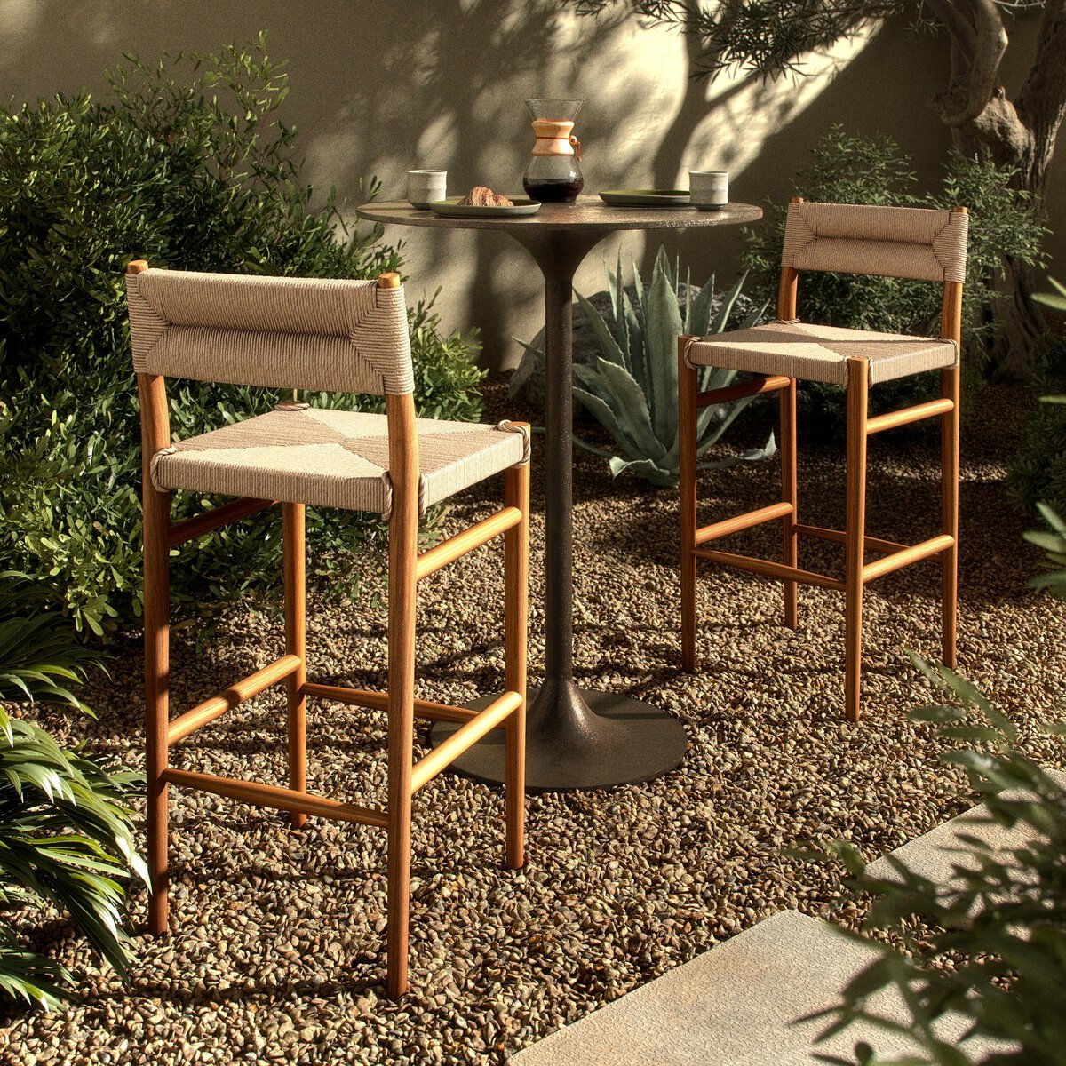 Teak Outdoor Bar Stool, 30", Natural Teak, Light Brown