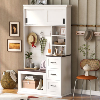 Banc de vestibule moderne avec portemanteau, 3 tablettes et tiroirs, 3 crochets robustes, portemanteau large de 40,2 po avec banc de rangement pour le couloir, l'entrée et le salon