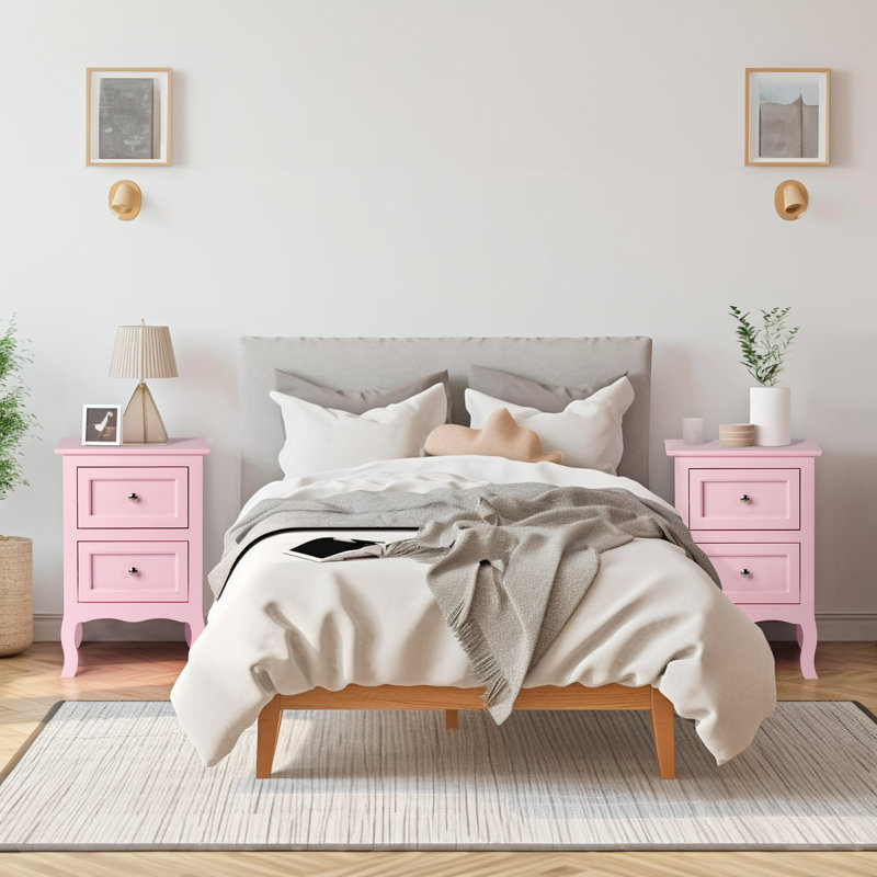 Authement 2 - Drawer End Table Storage Cabinet , Pink, Set of 2