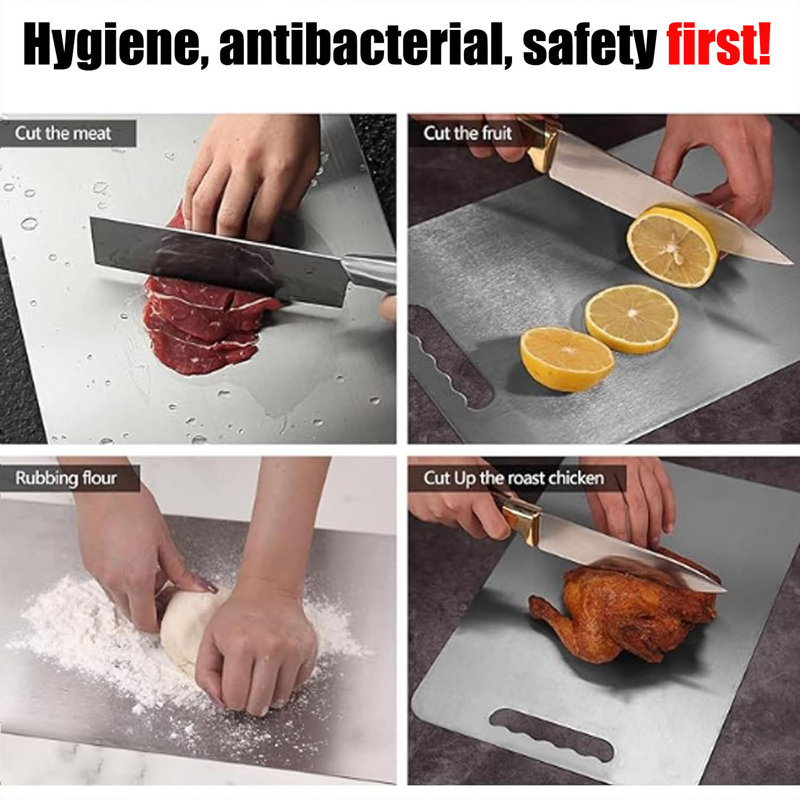 Planche à découper 100% titane pur pour la cuisine - De qualité aéronautique à double face, va au lave-vaisselle - Idéal pour la viande, les légumes et les fruits - Poignées ondulées et conception ergonomique