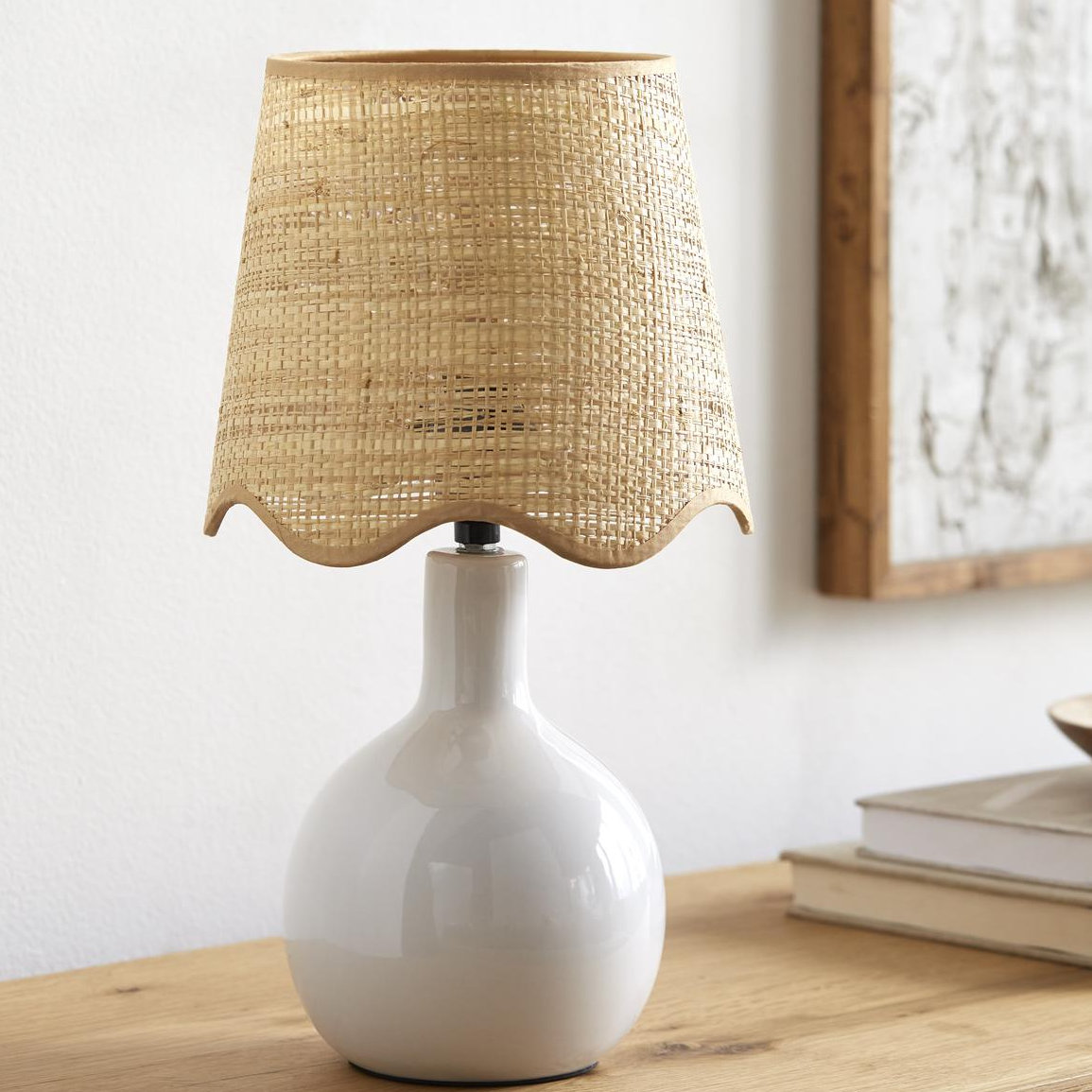 Canvey Ceramic Lamp, Tan, White, 15"H x 9"W x 9"D