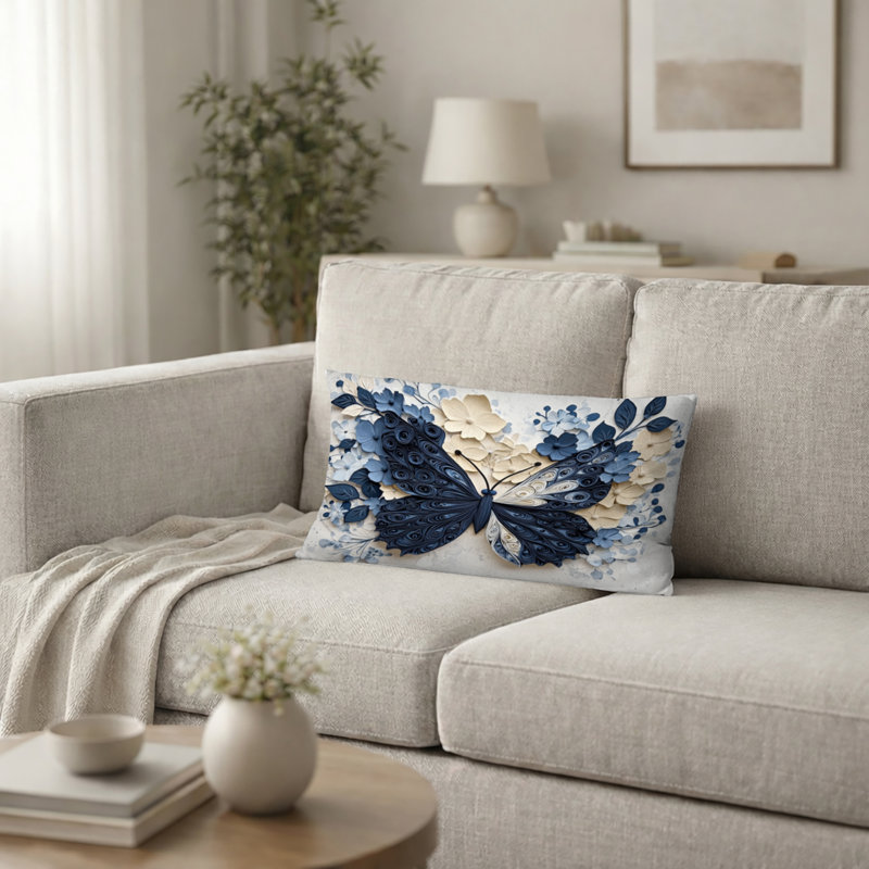 Coussin décoratif bleu et blanc Butterfly In Bloom, H 12 po x l 20 po