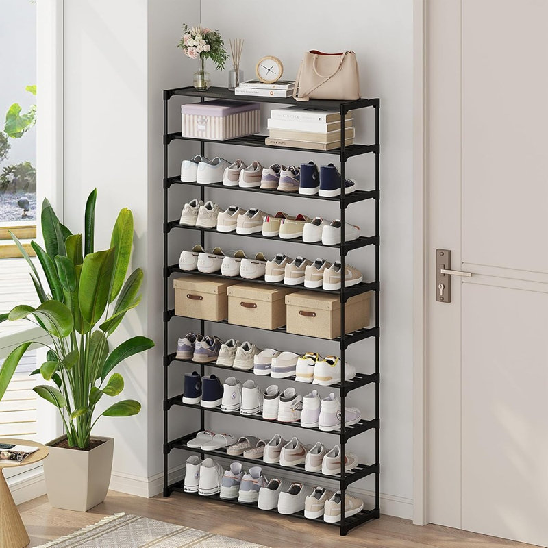 Range-chaussures haut à 10 niveaux, range-chaussures empilable de grande capacité pouvant accueillir jusqu'à 50 paires, tablette à chaussures large pour le vestibule et le couloir - noir