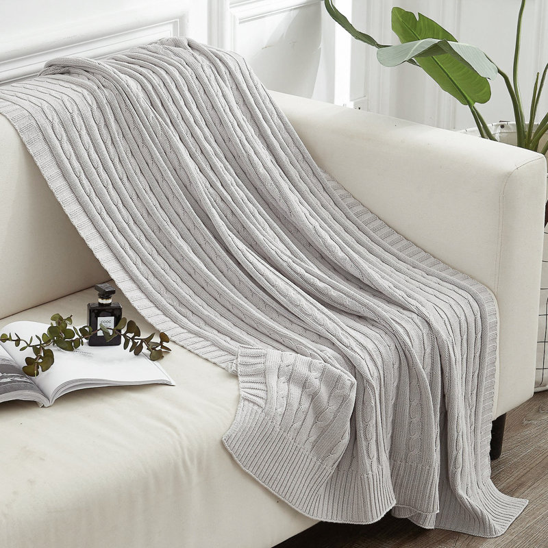 Couverture en coton tricoté , Gris argenté, L 67 po x l 51 po