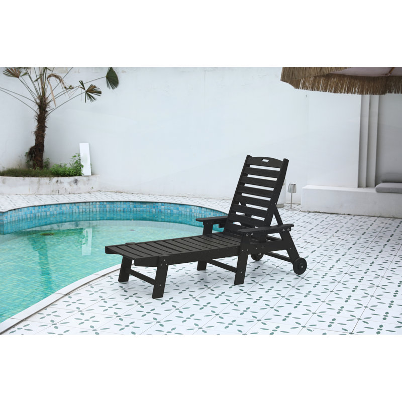 Oversized Outdoor Chaise Lounge Chair With 5 Positions, HDPE, Wheels & Cup Holder For Patio, Poolside Relaxation, Black