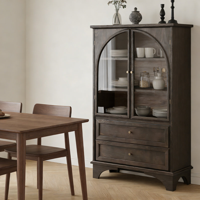 52.17"H Glass Door Display Case Storage Cabinet With 2 Drawers And Adjustable Shelf, Brown