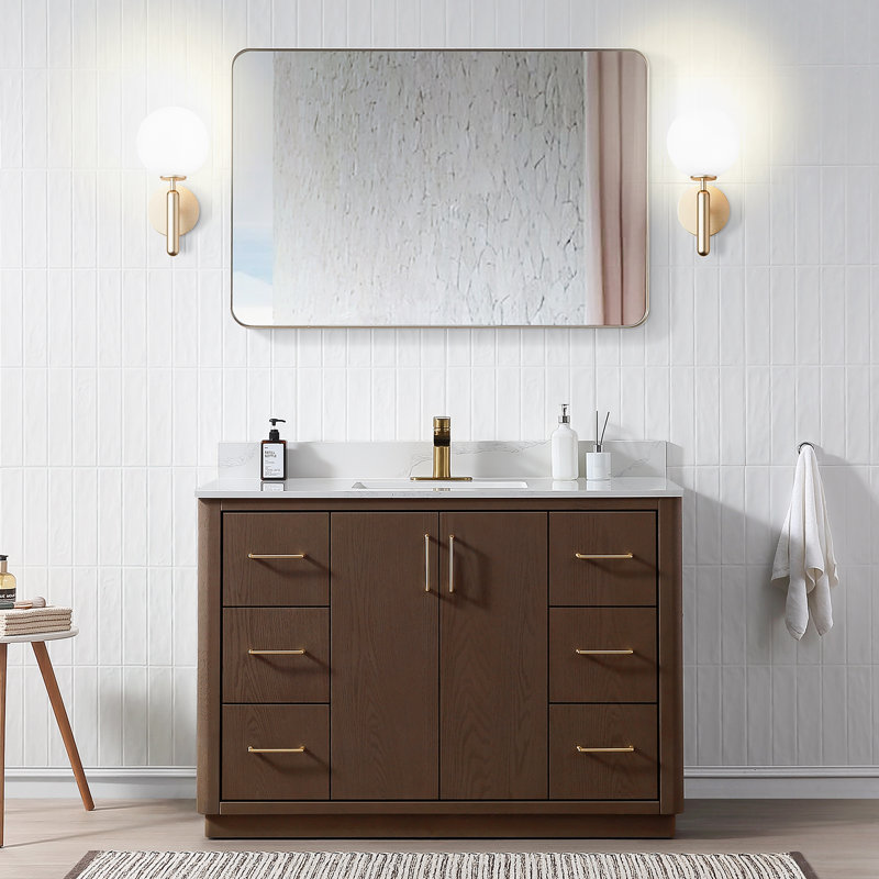 Ensemble de meuble-lavabo simple 48 po avec comptoir en quartz, Brun