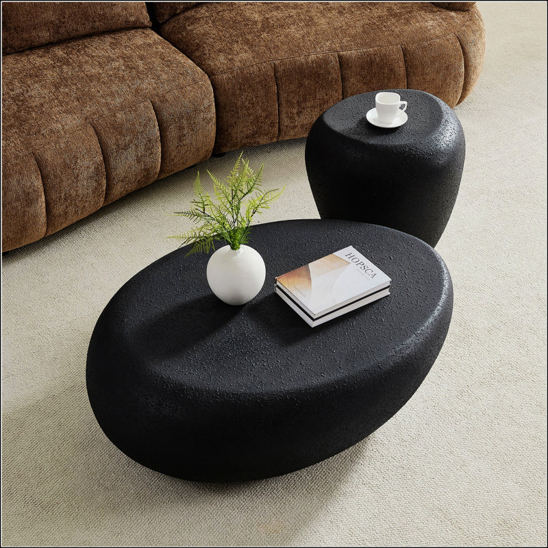 Ensemble de 2 tables basses elliptiques en fibre de verre, sans assemblage requis, parfait pour le salon et le canapé, finition mate, conception irrégulière, noir