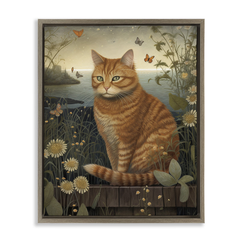 Orange Cat by Pond, 17" H x 21" W, Montalcino Elm Floater Frame