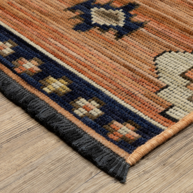 Tincie Tribal Medallion Terracotta / Blue Wool Blend Area Rug, Rectangle 5'3" x 7'6"