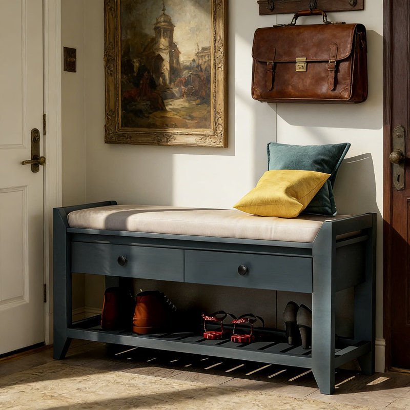 Banc de rangement polyvalent en bois avec siège rembourré, étagère à chaussures cachée et tiroirs pour le vestibule, le couloir, la chambre à coucher ou le porche