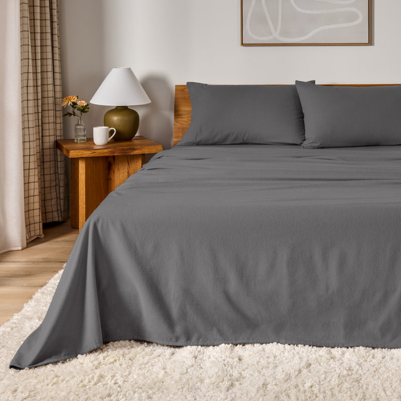 100% Cotton Flannel Sheet Set, Gray, Full / Double Sheet Set with 2 Pillowcases