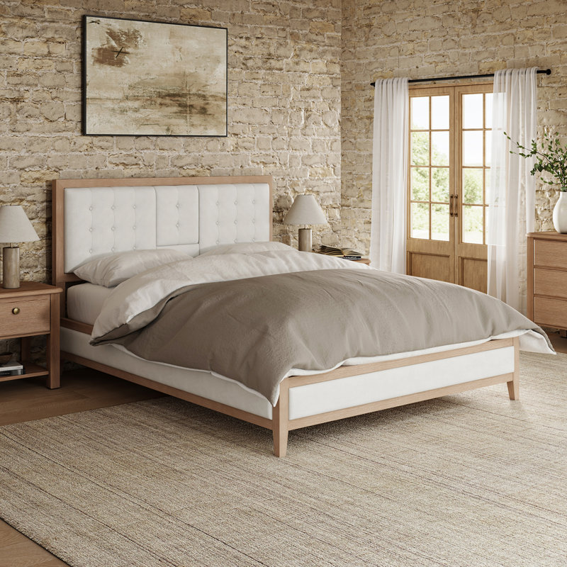 Larsen Solid Wood Upholstered Bed with Tufted Headboard, Queen, Ivory