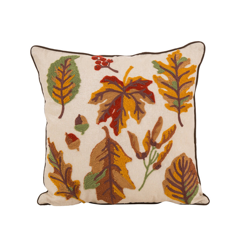 Beige and Brown Embroidered Linen Square Thanksgiving Throw Pillow Set