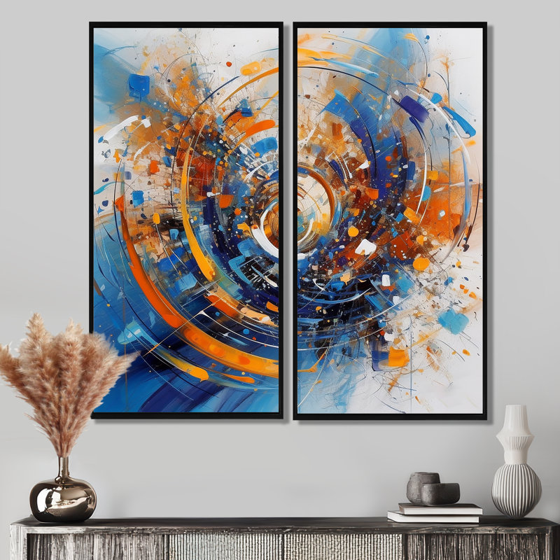 «Blue and Orange Space» - Art mural sur toile traditionnel orange 2 panneaux, H 32 po x l 32 po, Noir