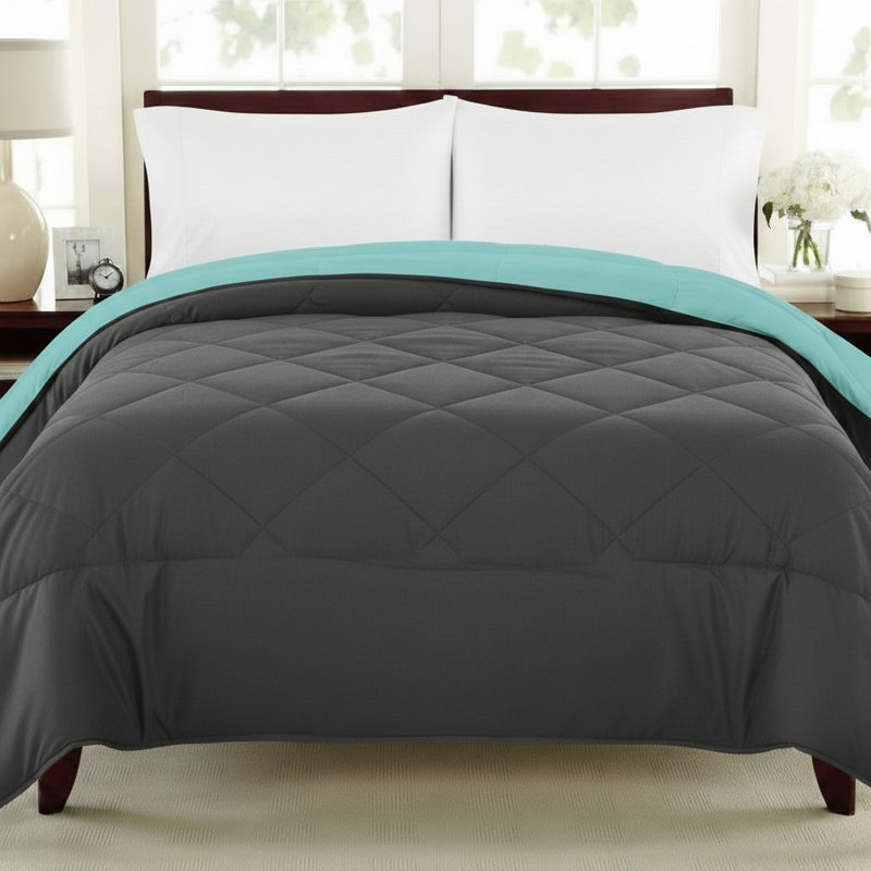 Ensemble d'édredon réversible en duvet synthétique luxueux, Queen + 6 D. Grey additional Pcs, Gray, Blue