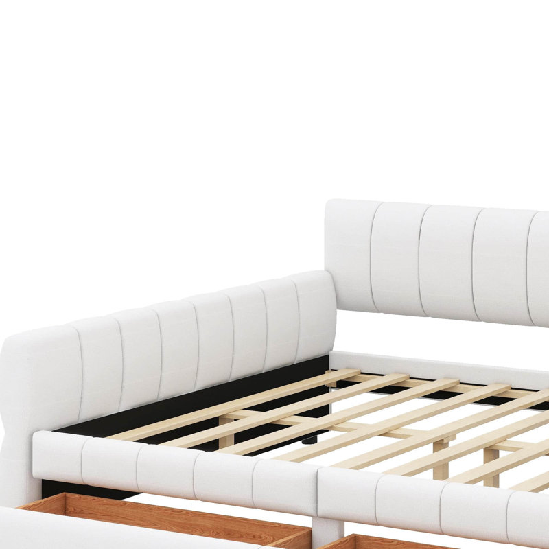 Grand lit plateforme tapissier avec port USB et tiroirs, Blanc