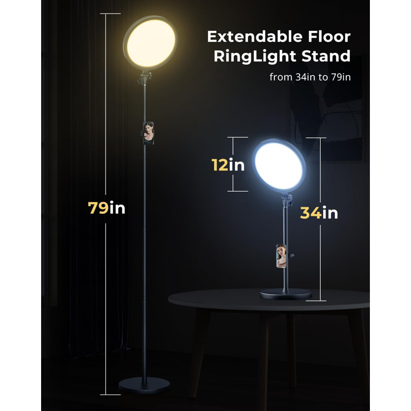 Anneau professionnel 12 po avec support, lampadaire réglable de 79 po avec télécommande et support pour téléphone, 144 perles DEL, puissance de 26 W, gradation continue et température de couleur pour diffusion en direct / photographie / tiktok