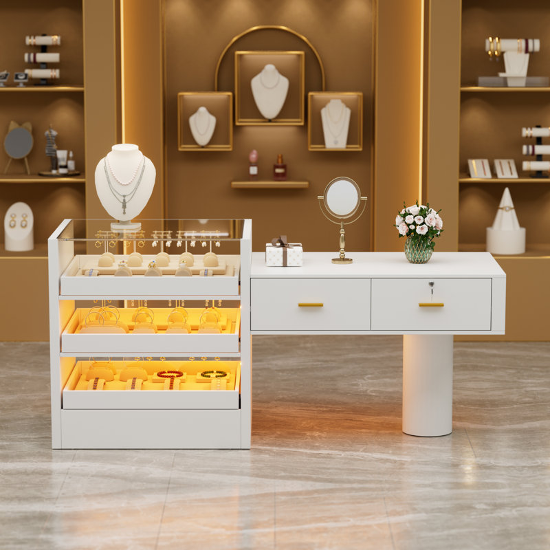 Grand bureau de réception de 63 po avec lumière DEL et tablette en verre, table de réception moderne avec tiroirs verrouillables, comptoir de caisse pour le hall d'entrée, salon, bureau à domicile