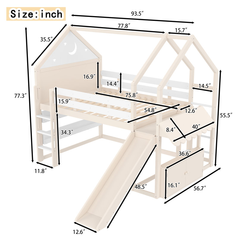  Lit mezzanine double avec glissoire et bibliothèque, toit étoilé, naturel, Naturel