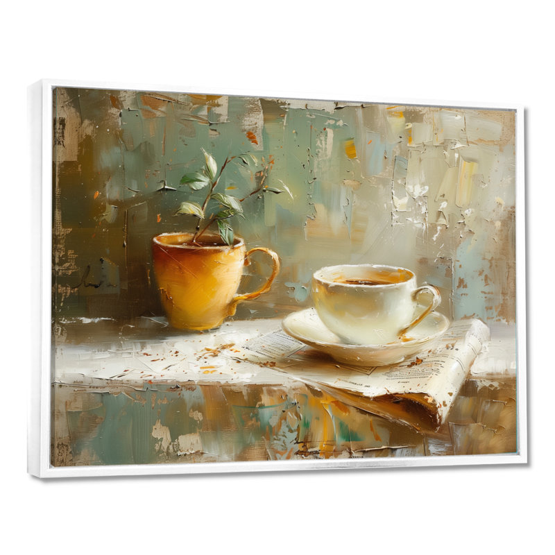 Tasse de café blanche et beige blanche - Art mural café, H 12 po x l 20 po, Cadre flottant blanc