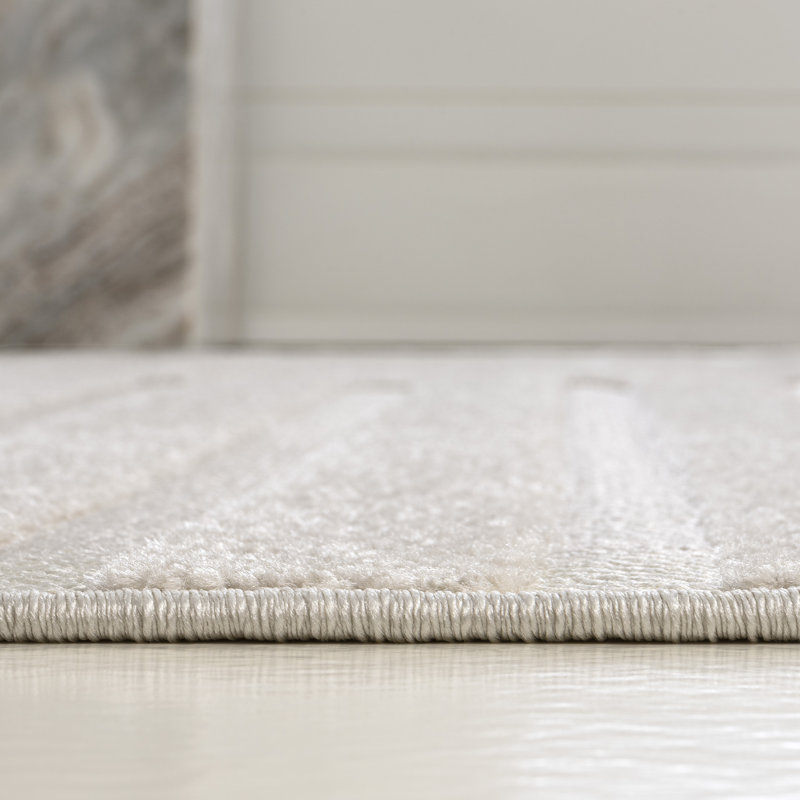 Alandis High-Low MidCentury Modern Arch Stripe Two-Tone White/Cream Indoor/Outdoor Rug, Rectangle 2'11" x 5'
