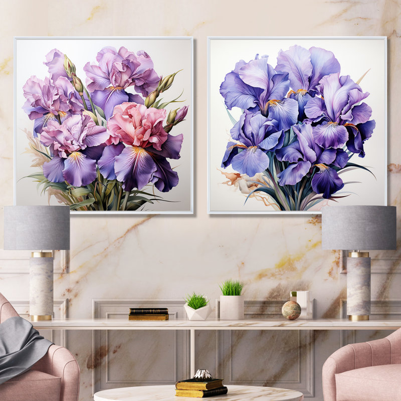 Mauve et rose Iris Grace I - ensemble d'éditions murales Iris de 2, Cadre blanc, H 36 po x l 73 po x P 1,5 po